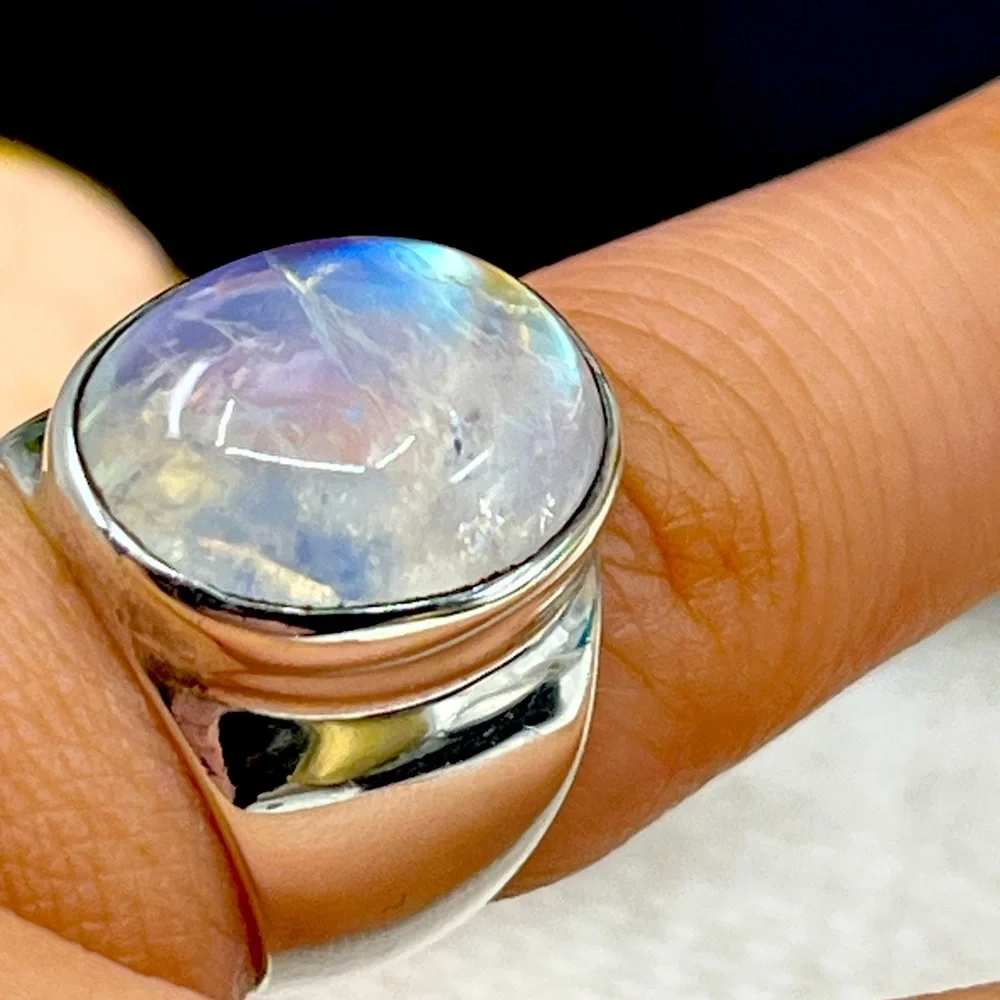 Vintage Sterling Silver Rainbow Moonstone Ring – Size 5 – Bold Artisan Design